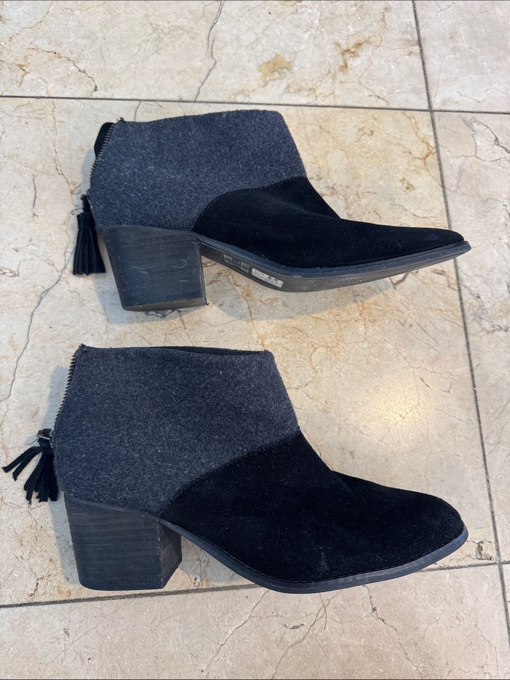 Toms Black and Charcoal Two-Tone Suede Ankle Booties with Tassel Zip